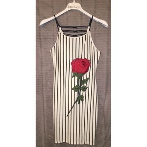 Ivory Black Striped Rose Detail Midi Dress
