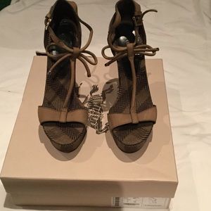 Burberry suede and check canvas wedge sandal.