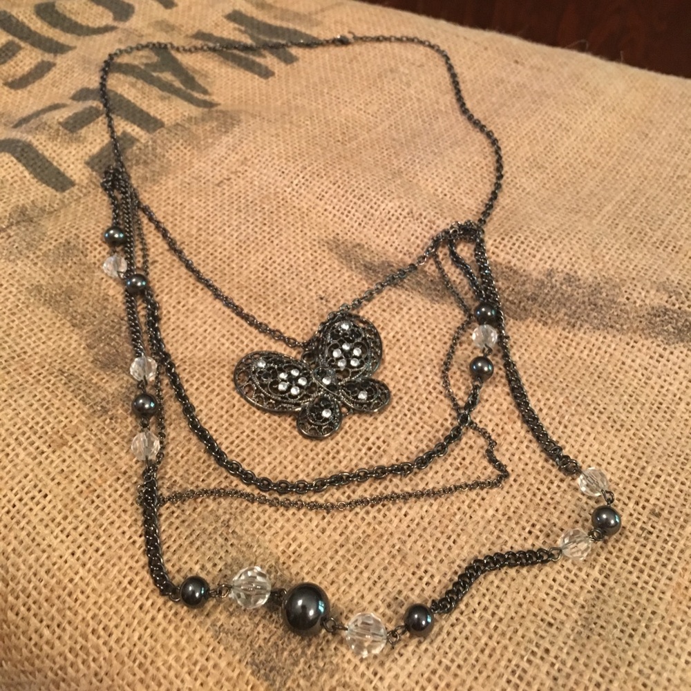 Long black butterfly multi necklace