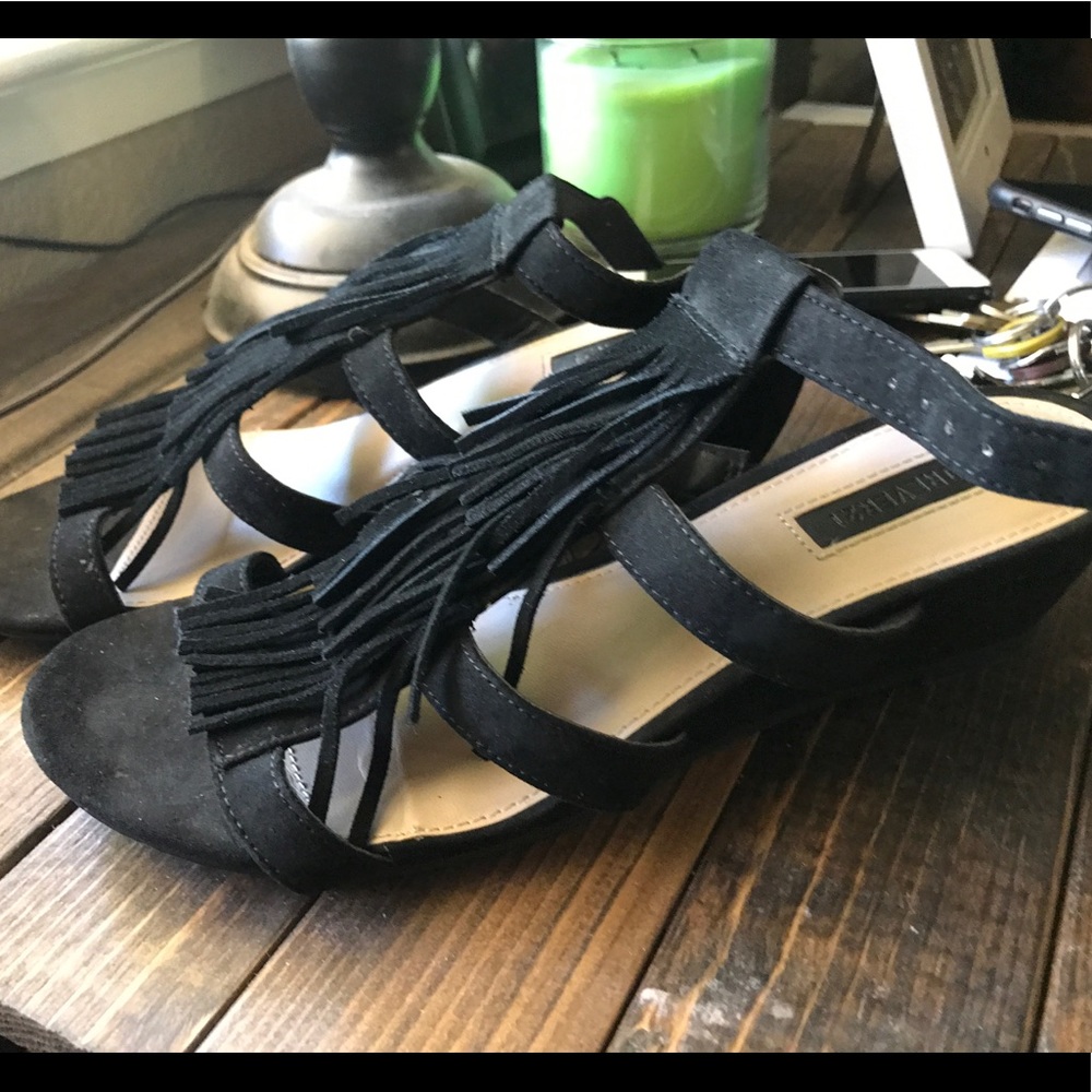 Forever 21 black fringe wedge sandals boho