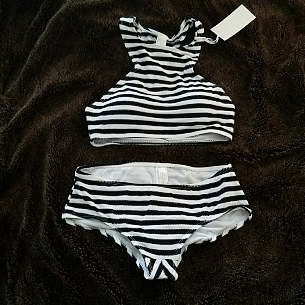 Two piece black and white stripe swim suit