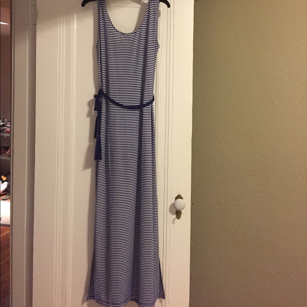 Long blue and white striped maxi dress