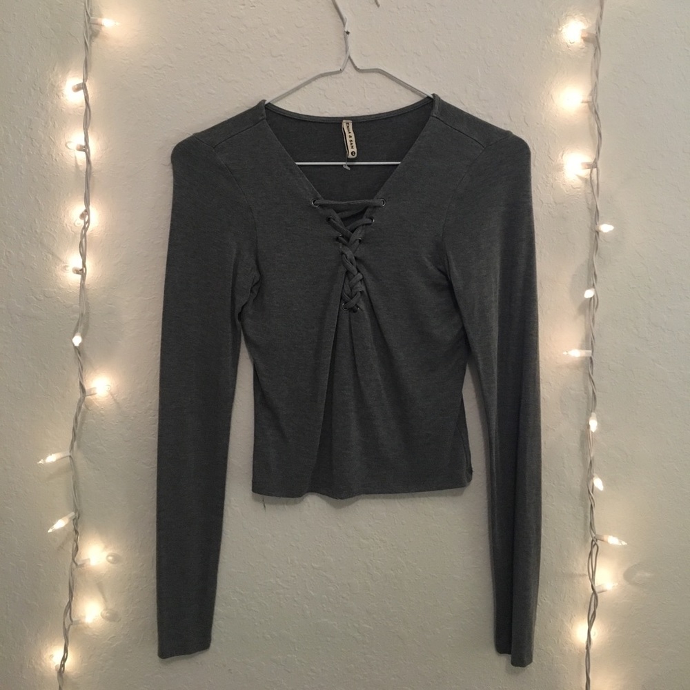 Emma & Sam Lace Up Long Sleeve Top (Grey&Black) - Picture 5 of 7