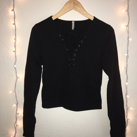 Emma & Sam Lace Up Long Sleeve Top (Grey&Black) - Picture 2 of 7