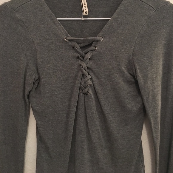 Emma & Sam Lace Up Long Sleeve Top (Grey&Black) - Picture 6 of 7