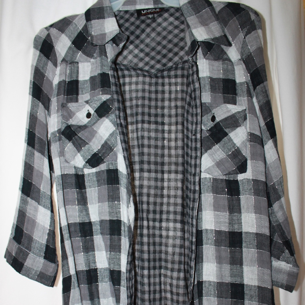 UNIQUE Gray/Black/Silver Flannel 3/4 sleeve