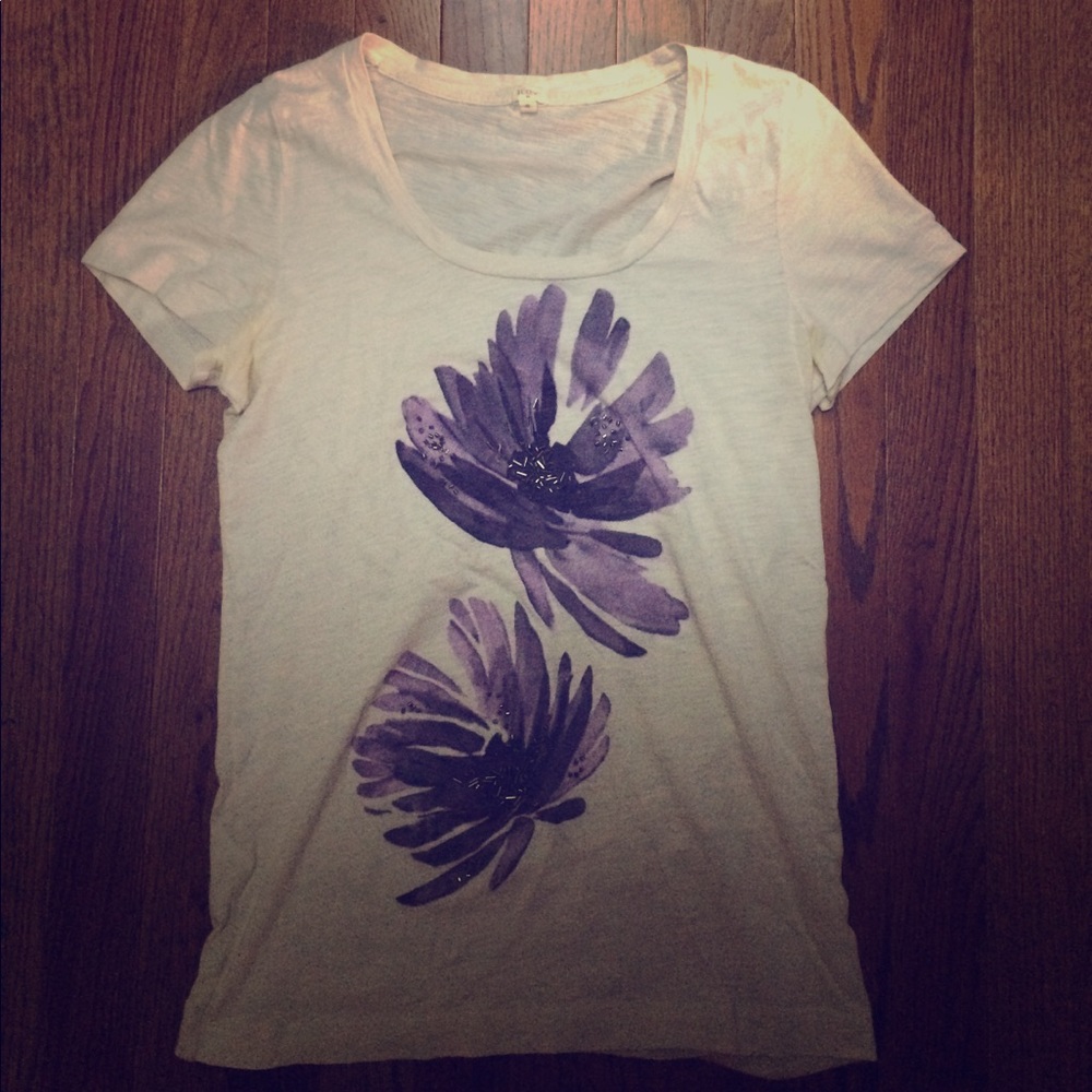 White J. Crew tee with beaded flowers