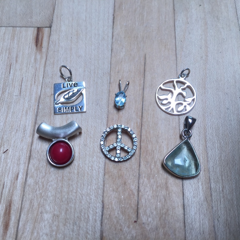 Six Silver and gemstone pendants, charms