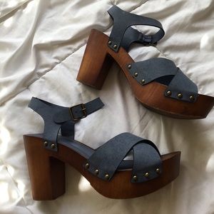 Denim and Wood Platform Sandals