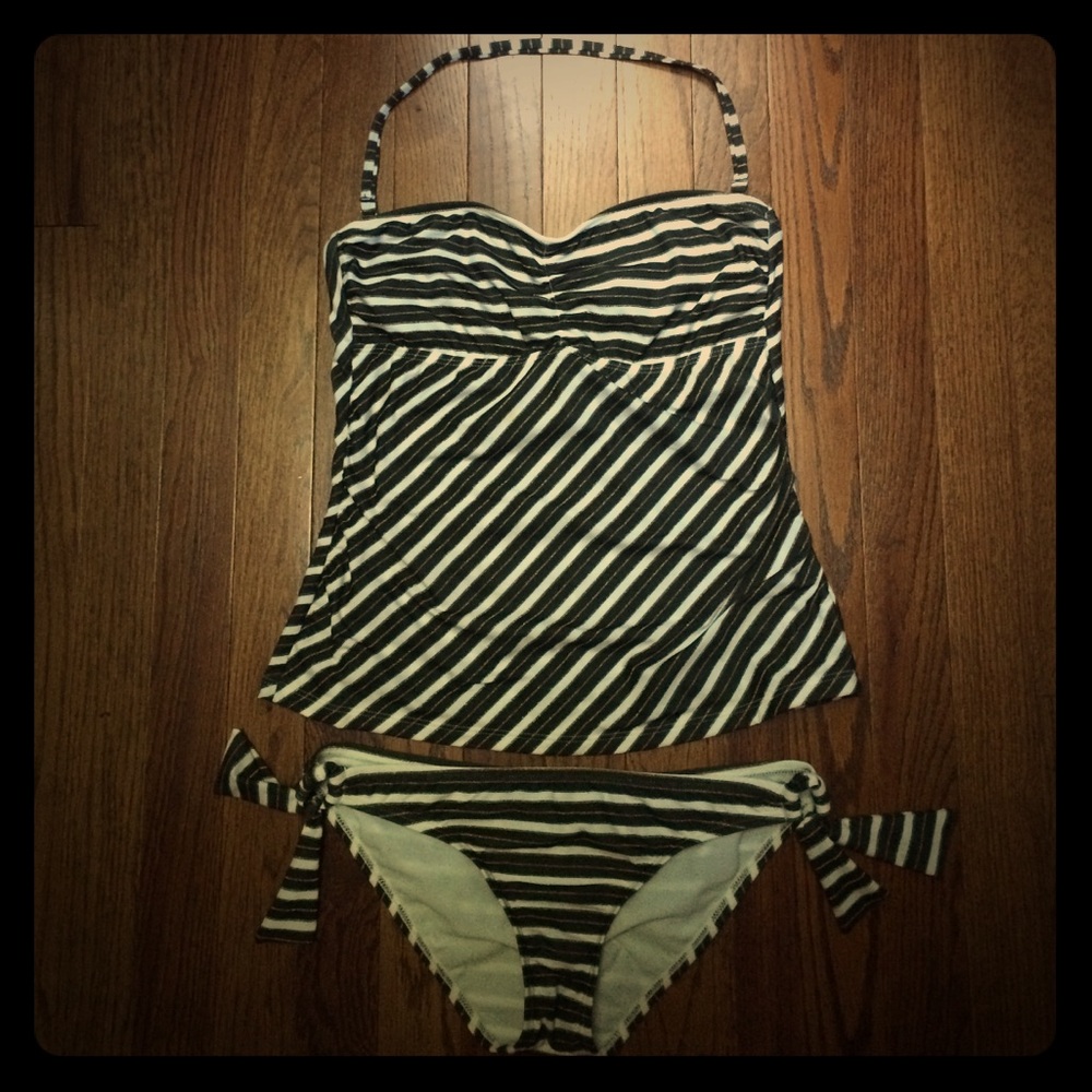 Black, white, and gold-striped tankini