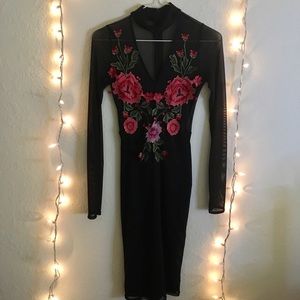 Floral Rose Embroidered Bodycon Dress w/ Mesh