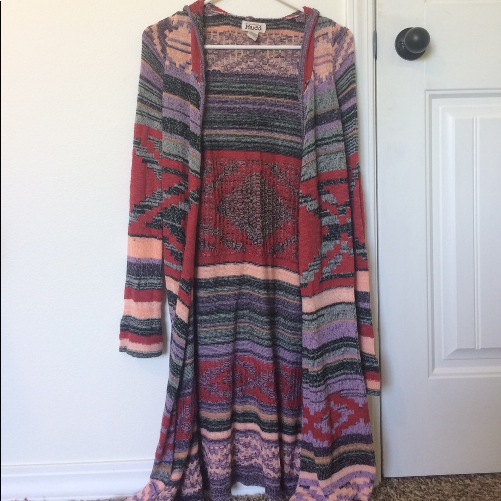 mudd very long aztec print cardigan with hood