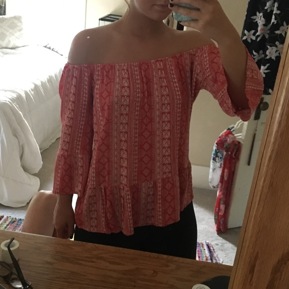 Red and White Over the Shoulder Top