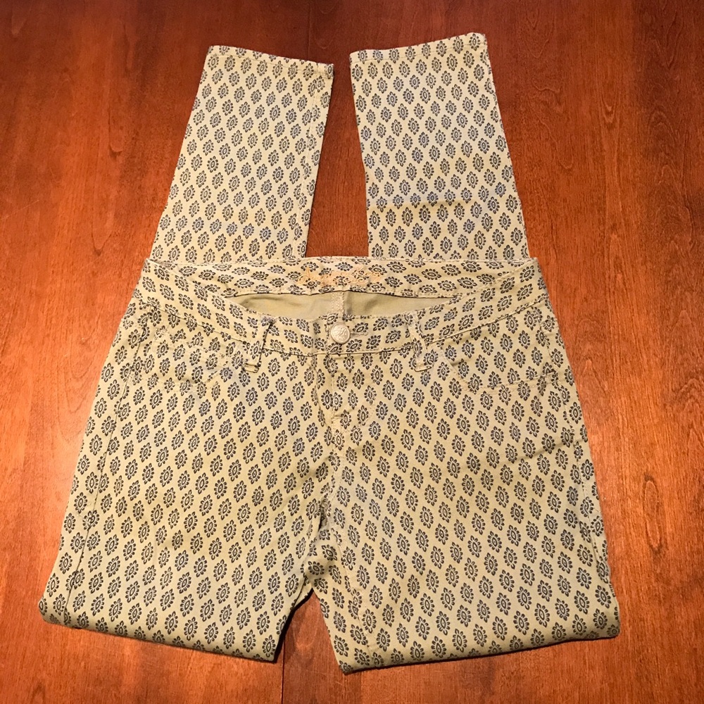 Olive green jeans with delicate navy pattern