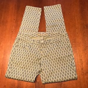 Olive green jeans with delicate navy pattern