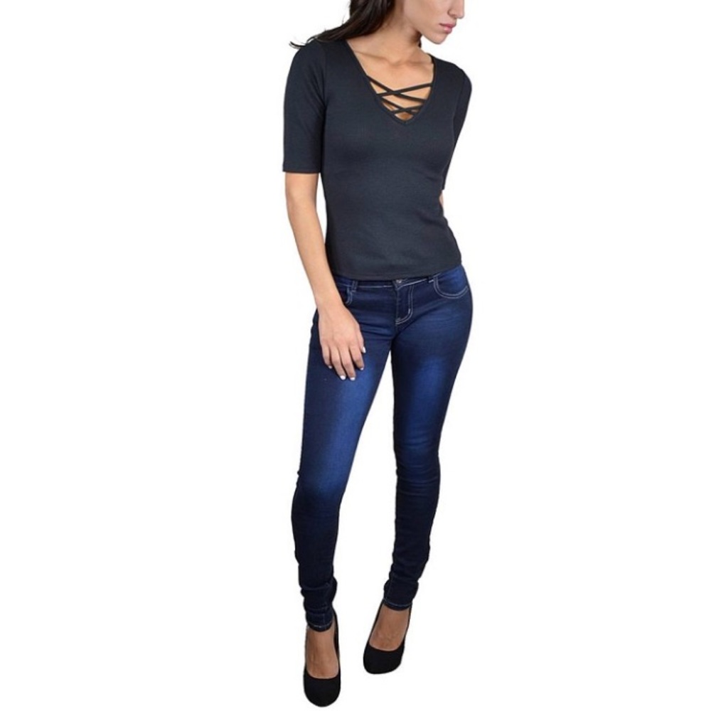 Ambiance Black X-Cross V Neck Top - Picture 3 of 10