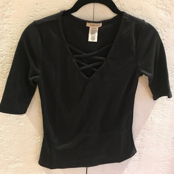 Ambiance Black X-Cross V Neck Top - Picture 5 of 10