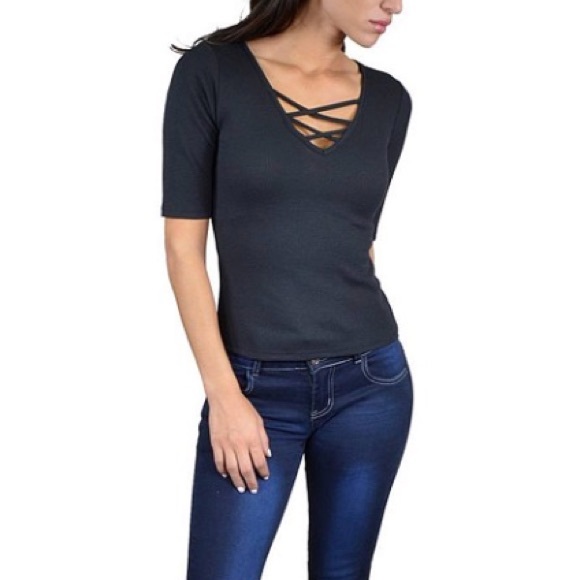 Ambiance Black X-Cross V Neck Top - Picture 2 of 10