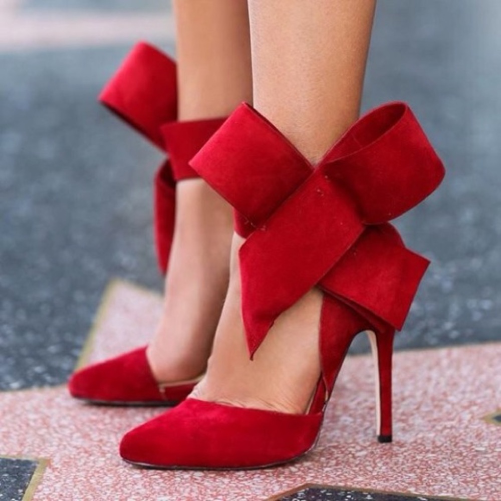 Red Suede D'orsay Heels w/ Festive Detachable Bow