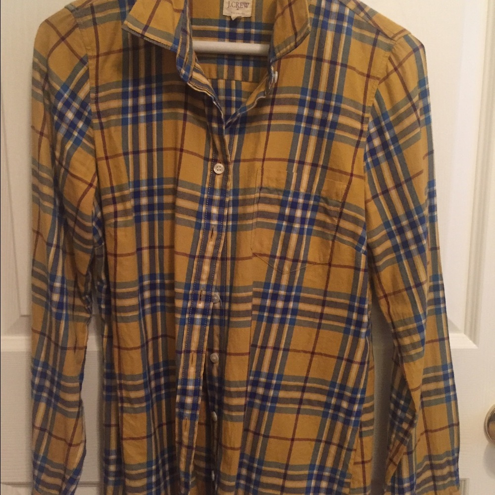 J Crew mustard yellow & blue plaid flannel shirt