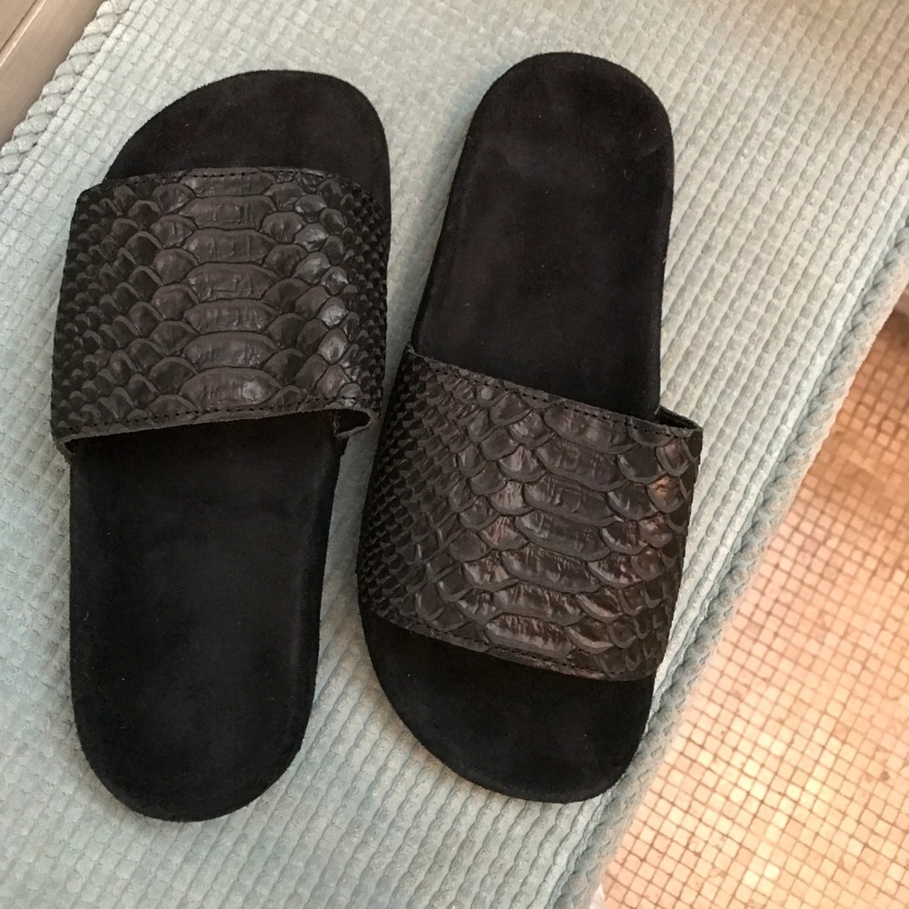 Adidas black snake skin & suede sliders, custom