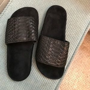 Adidas black snake skin & suede sliders, custom