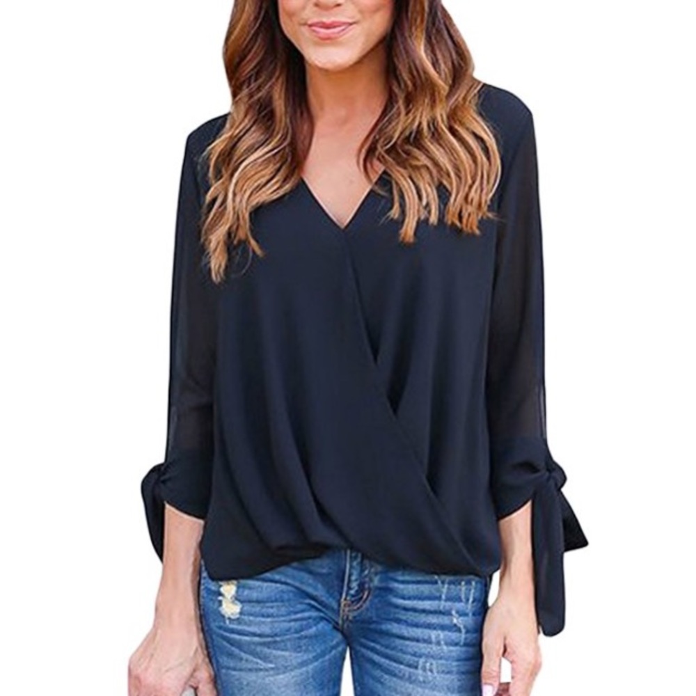 Surplice V Neck Chiffon Tie Sleeve Blouse Black - Picture 2 of 4