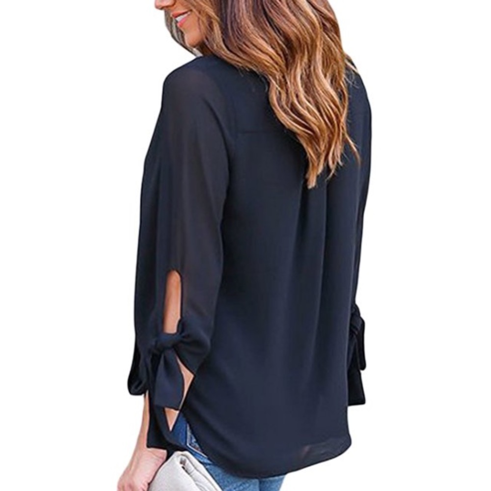 Surplice V Neck Chiffon Tie Sleeve Blouse Black - Picture 3 of 4