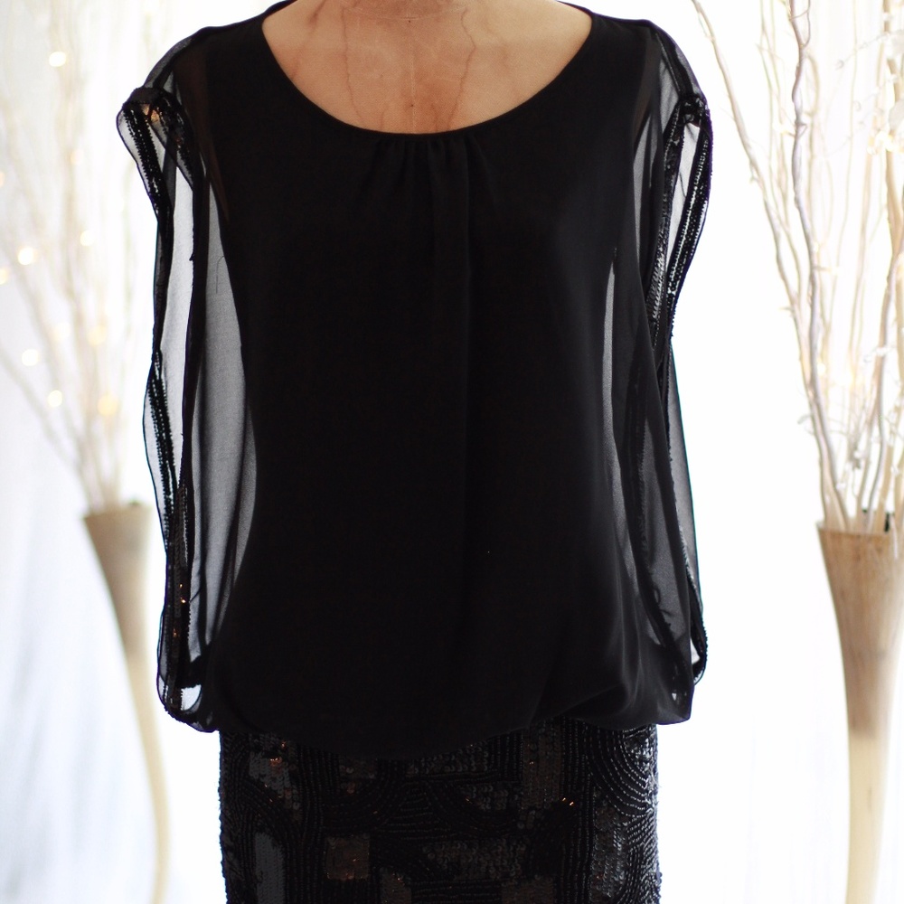Aidan Maddox black sheer and sequin mini dress