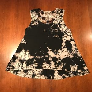 Distressed black and white tank with lace shoulder