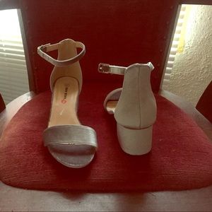 Gray velvet block heels with ankle strap