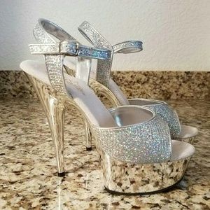 NWOT Pleaser Silver Sparkly Platform Heels