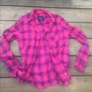 Plaid button up pink shirt- Small