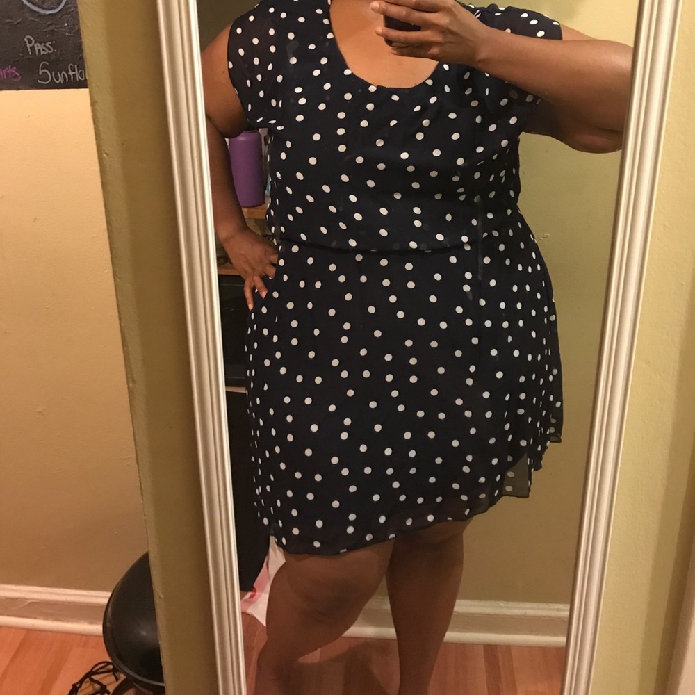 Blue and white polka dot dress