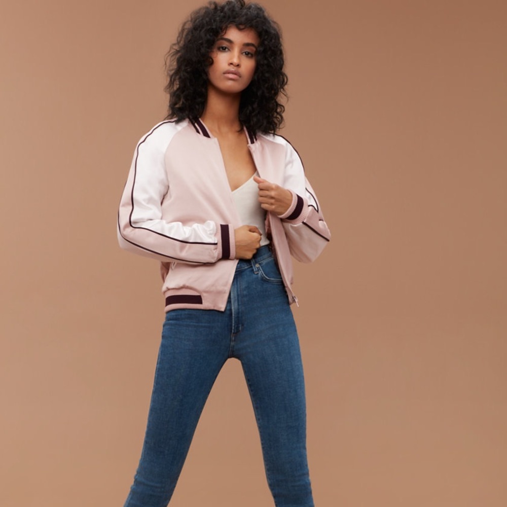 Aritzia Pink Satin Bomber Jacket