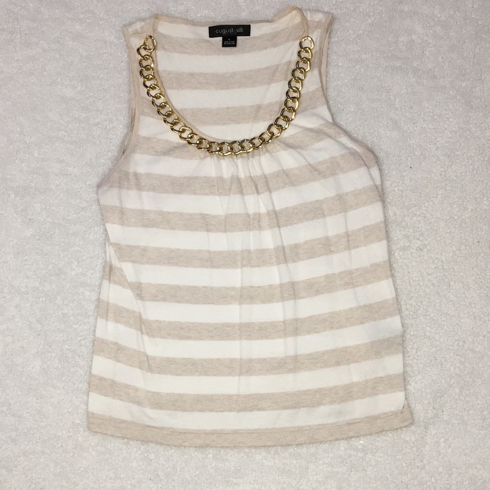 Striped tank top with gold chain neck line.