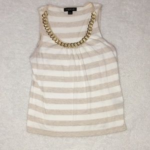 Striped tank top with gold chain neck line.