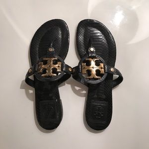 Tory Burch black & gold snake pattern sandals