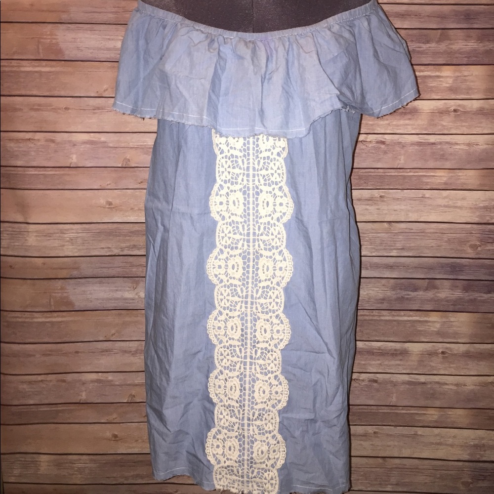 Chambray Flounce off the shoulder dress.