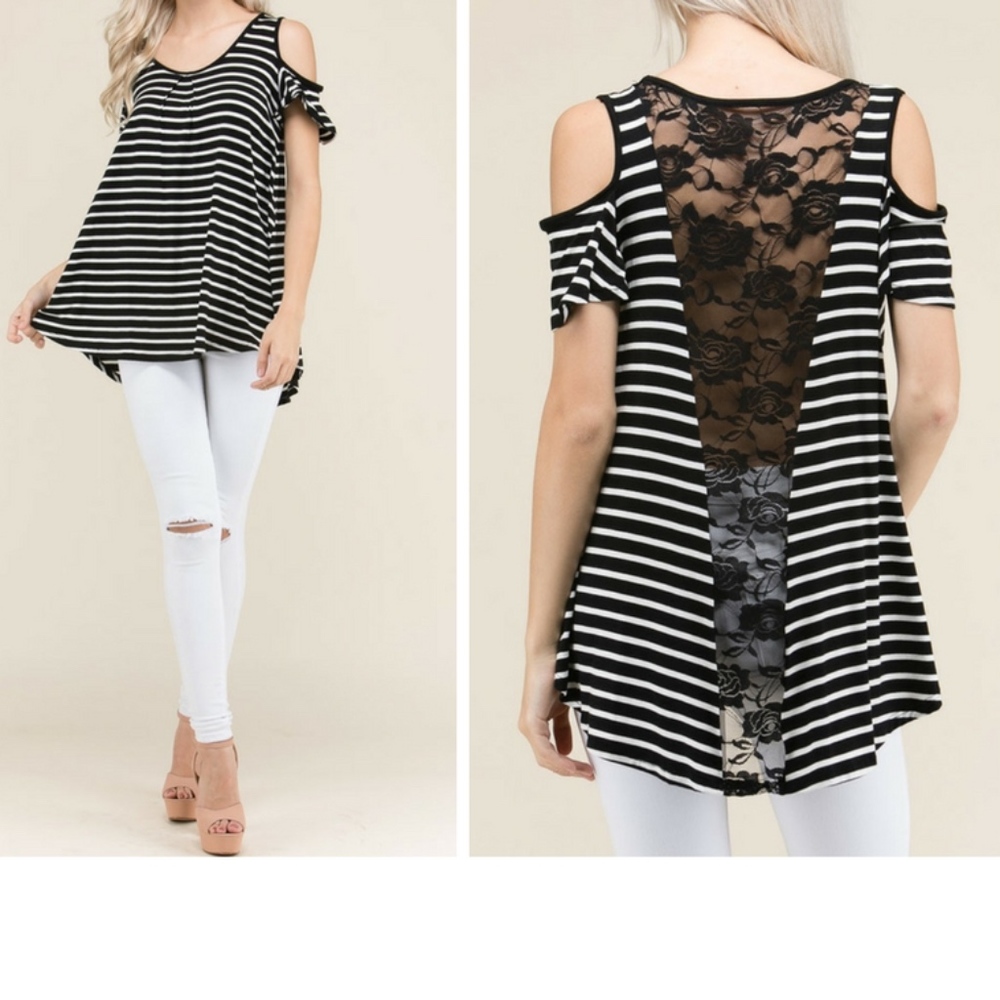 CLOSET CLEAR OUT-Black Lace Trim Back-Stripe Print Top