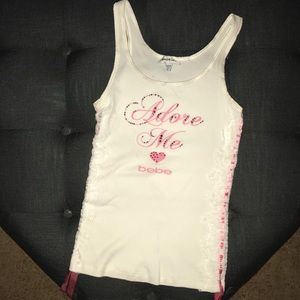 bebe white top with pink rhinestone lace up detail