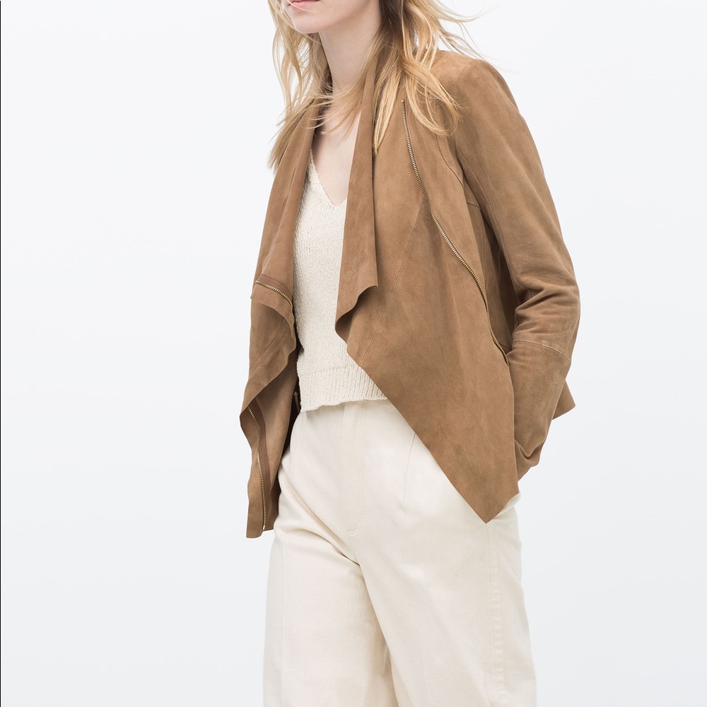 Zara Suede Effect Drape Front Jacket (Olive)