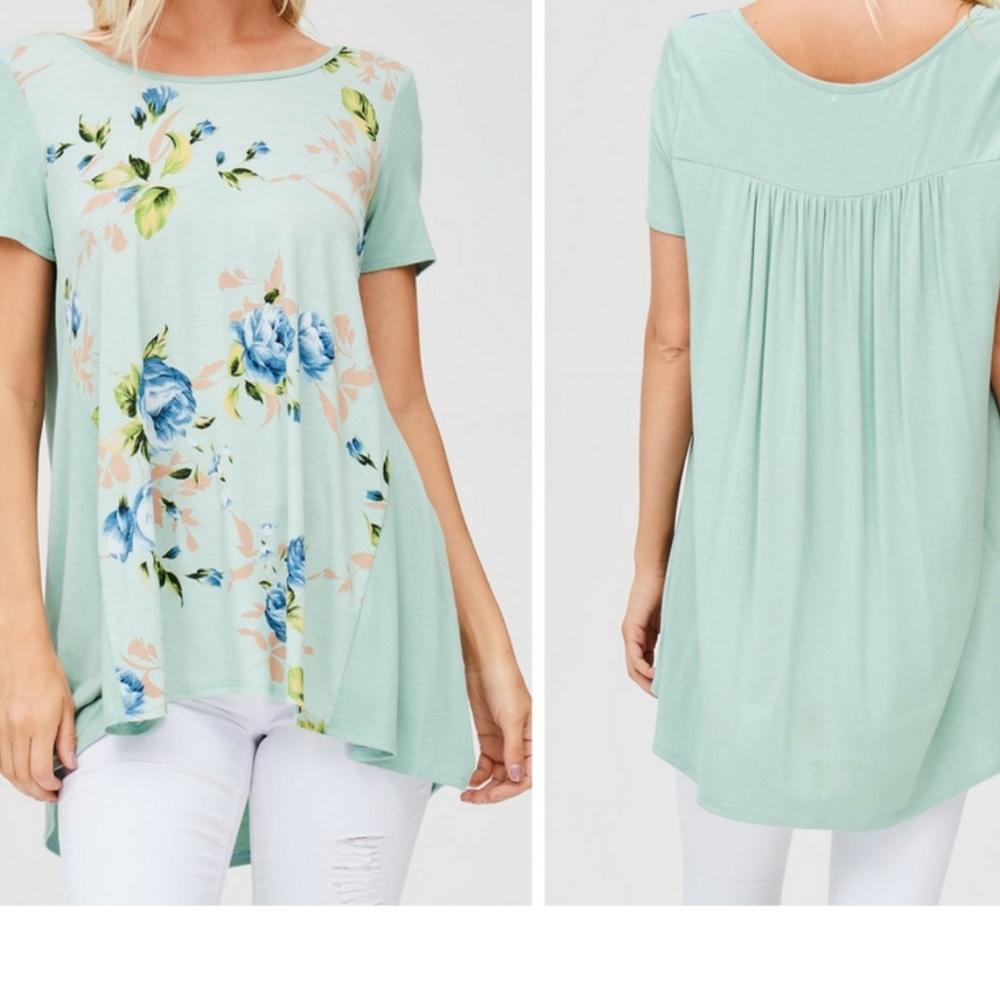 Sage Floral Print Bodice Panel Top