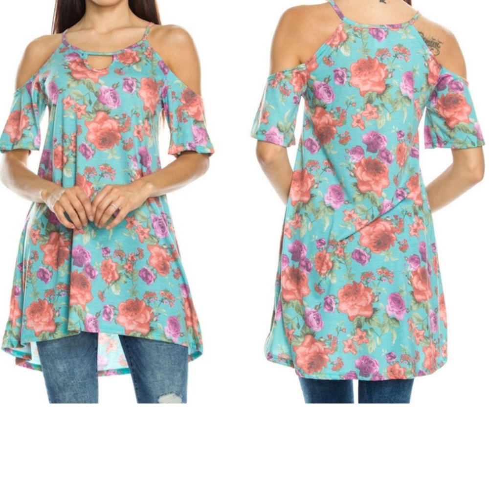 New Mint & Floral Print Cold Shoulder Tunic