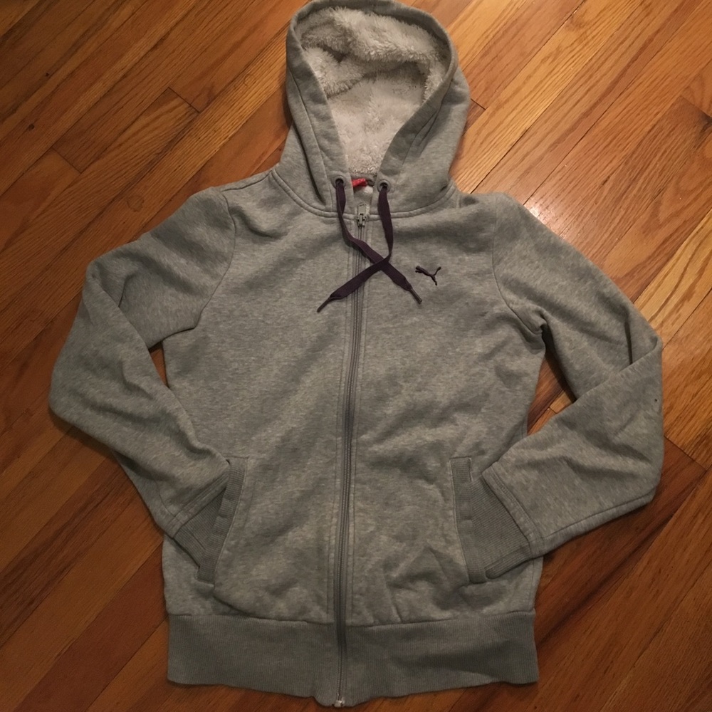 Grey Puma Hooded Zip Up Sweatshirt Small