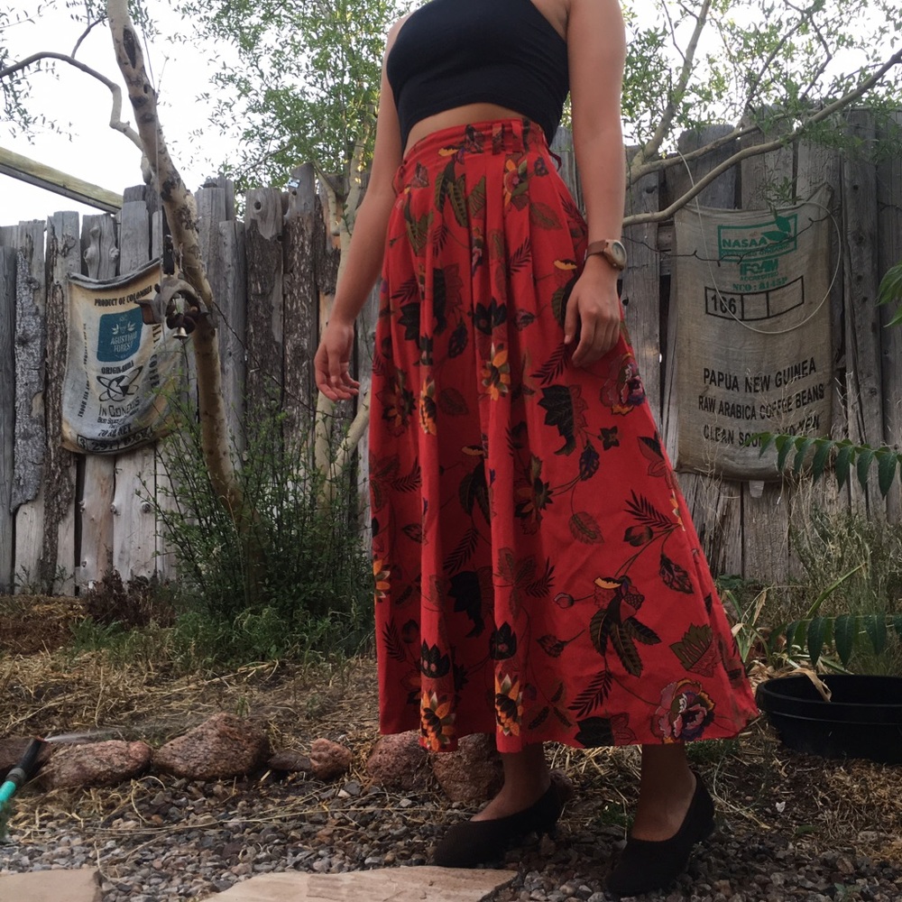 Red Floral Flowy Midi Skirt