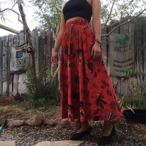 Red Floral Flowy Midi Skirt