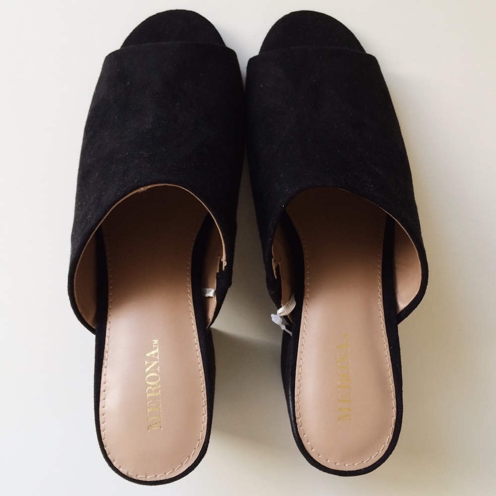 Black faux suede mules