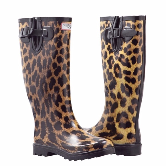 Women's Leopard 14" Rubber Rain Boots  Wellies - Picture 3 of 3
