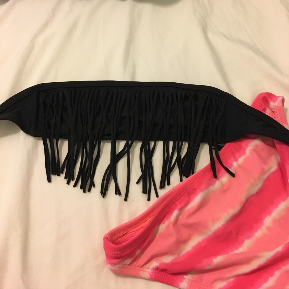 Black fringe top with orange/pink tiedye bottoms